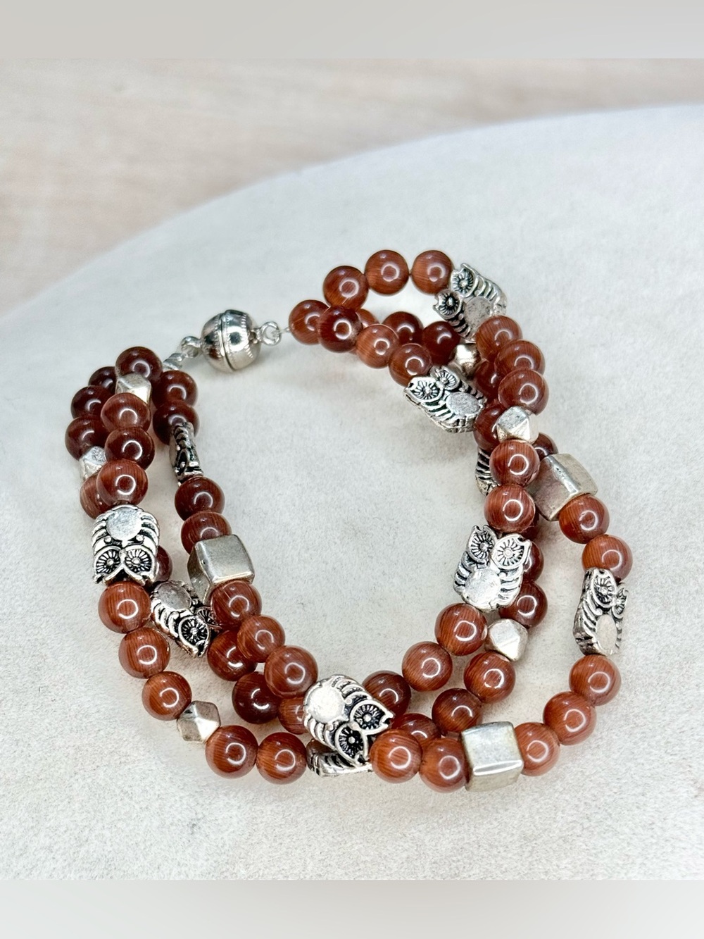 Brown Glass Bead Owl Necklace Silver Tone Multi Strand Magnetic Clasp Boho